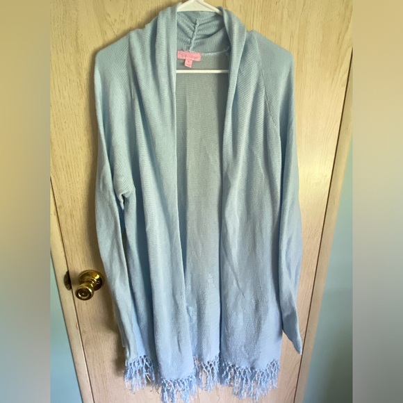 Lilly Pulitzer Sweaters - Lilly Pulitzer Baby Blue Long Waterfall Tatum Fringe Sweater Sz L XL Cotton